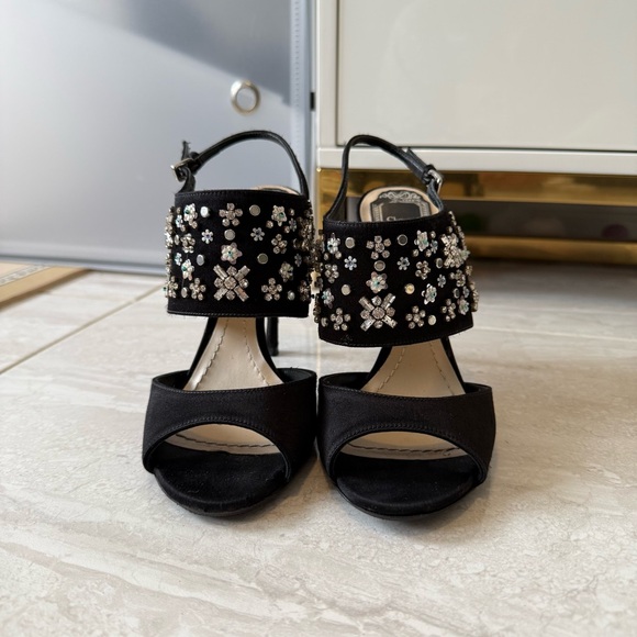 Authentic Dior Black Satin Crystal Embellished Ankle Strap Sandals Size 35.5 - Picture 2 of 7